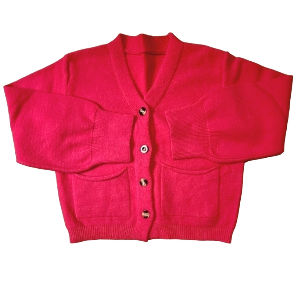 Barbiecore Hot Pink Knit Sweater Cardigan Button Down V-Neck Pockets Small New